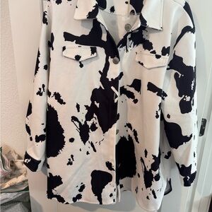 Cow-Print/paint splatter Button-Front Pea Coat Jacket - Black & White